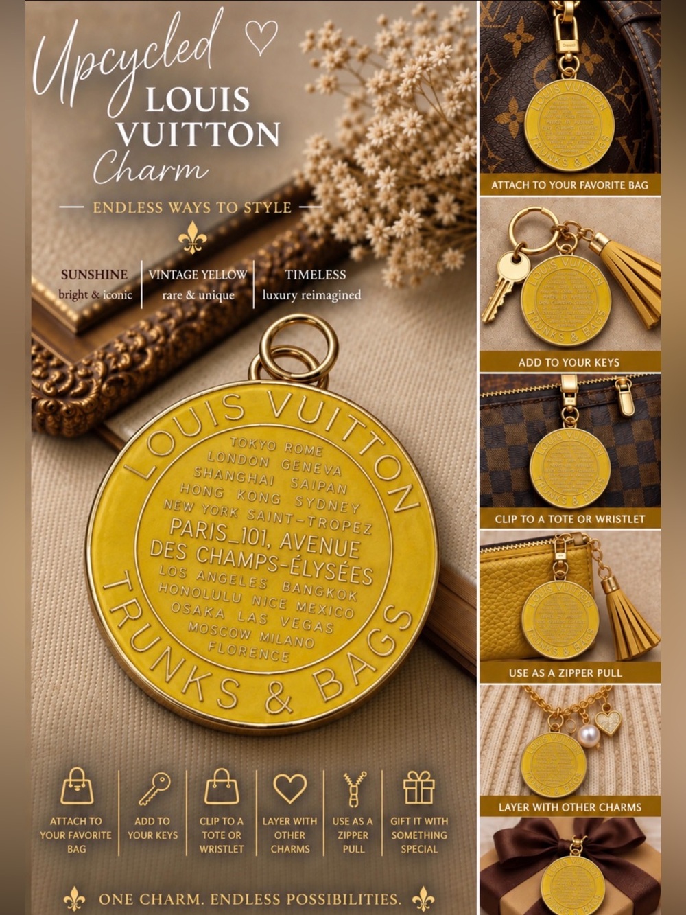 Upcycled Louis Vuitton Trunks & Bags Yellow Gold Charm Bag Purse Keychain